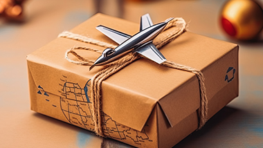 a parcel with a metal aeroplane on top of it