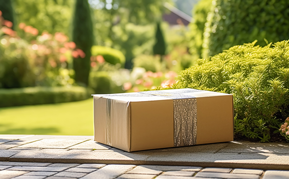 a package on a patio with a garden in the background