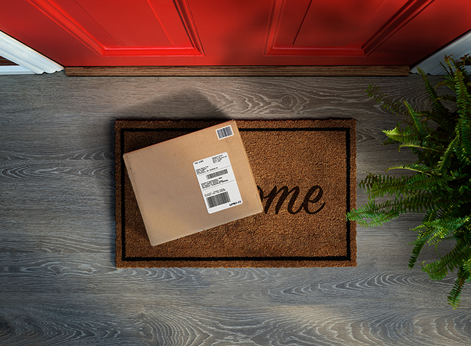 a package on a door matt next to a plant outside of a red front door