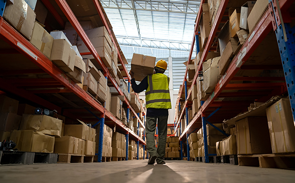 a man transporting a parcel on his shoulder through a warehouse